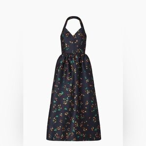 Shoshanna Black Halter Midi Dress with Orange and Green Floral Print
